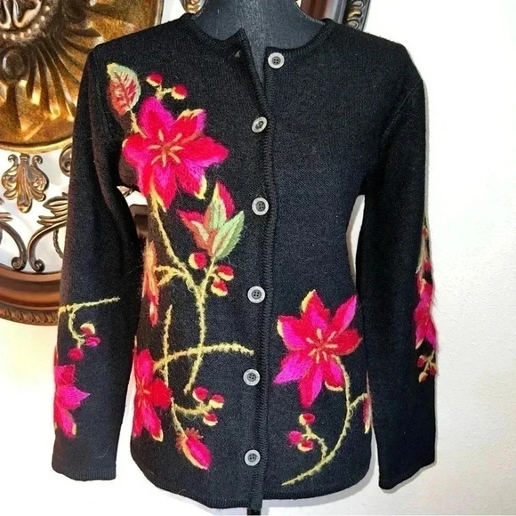 Susan Bristol Sweaters - Susan Bristol Women’s Vintage Black 100% Wool Bright Floral Cardigan Size M